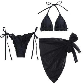3 Gabalus Juoda Sexy Moterų Bikini maudymosi kostiumėlis Su Sarongas 2021 Apynasrio Push Up Biquini Akių Aukštos Kojos Diržas Apačioje Maudymosi Kostiumas